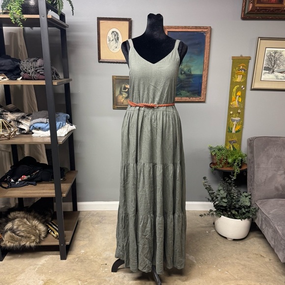 Splendid olive green tiered maxi dress linen blend women’s small summer classic - Picture 1 of 8